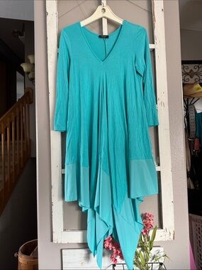 Flowing Teal Asymmetrical handkerchief hem V-Neck Dress by CQ by CQ Branded.
